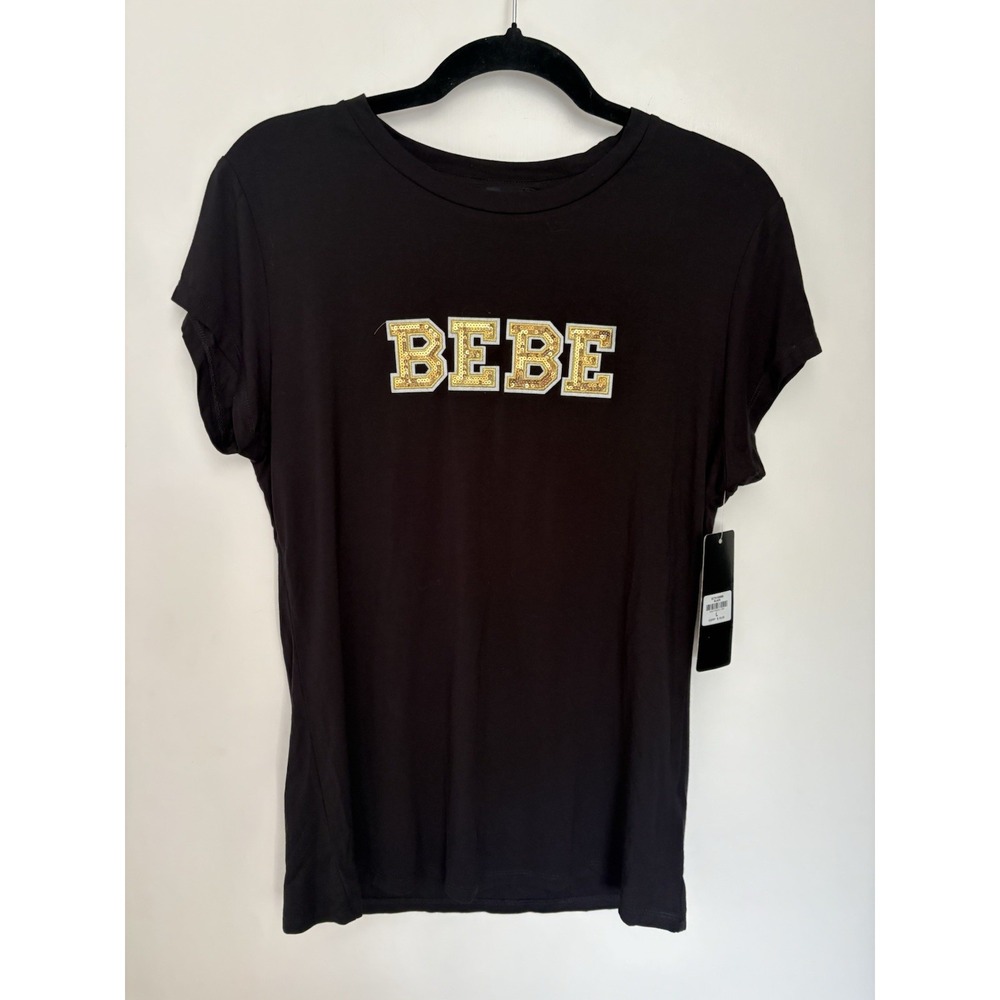 BEBE WOMEN'S GOLD SEQUIN LOGO BLACK SHORT SLEEVE TOP STRETCHY L NWT